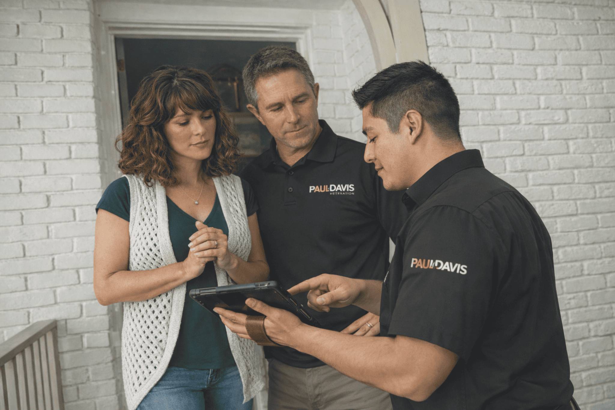 Paul Davis Restoration of Southeast Puget Sound team reviewing home restoration project details with homeowners during property damage inspection consultation in Washington